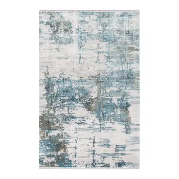 3' X 10' Ivory Blue And Brown Abstract Runner Rug With Fringe