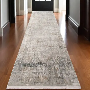 3' X 10' Gray Ivory And Brown Medallion Runner Rug With Fringe