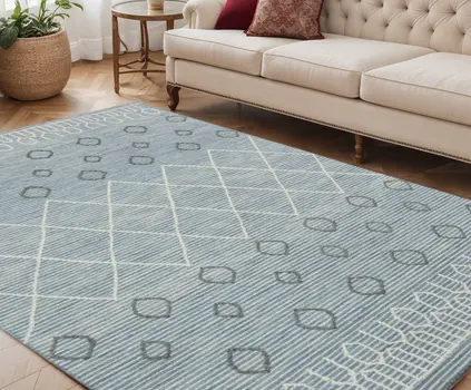 5' X 8' Blue Gray And Ivory Wool Geometric Hand Hooked Area Rug
