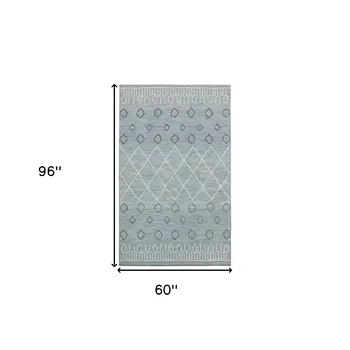 5' X 8' Blue Gray And Ivory Wool Geometric Hand Hooked Area Rug