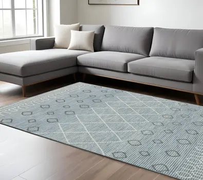 9' X 13' Blue Gray And Ivory Wool Geometric Hand Hooked Area Rug