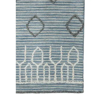 9' X 13' Blue Gray And Ivory Wool Geometric Hand Hooked Area Rug