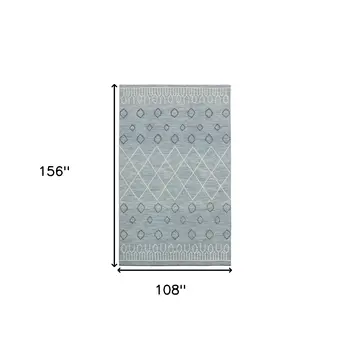 9' X 13' Blue Gray And Ivory Wool Geometric Hand Hooked Area Rug