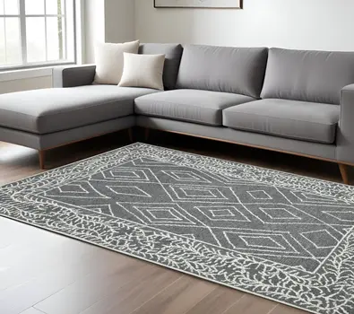 9' X 13' Gray And Ivory Wool Geometric Hand Hooked Area Rug