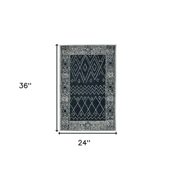 2' X 3' Charcoal And Ivory Wool Southwestern Hand Hooked Area Rug