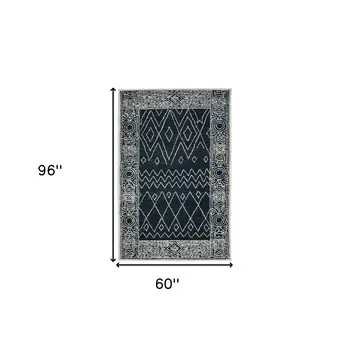 5' X 8' Charcoal And Ivory Wool Southwestern Hand Hooked Area Rug