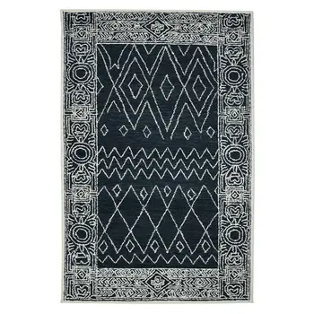 8' X 10' Charcoal And Ivory Wool Southwestern Hand Hooked Area Rug