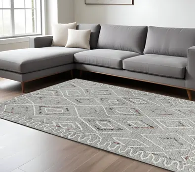 8' X 10' Gray Ivory And Rust Wool Geometric Hand Hooked Area Rug