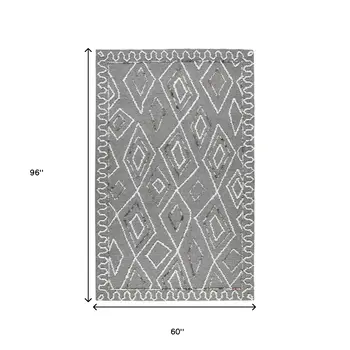 5' X 8' Dark Gray Ivory And Rust Wool Geometric Hand Hooked Area Rug