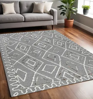5' X 8' Dark Gray Ivory And Rust Wool Geometric Hand Hooked Area Rug