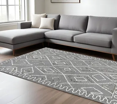 9' X 13' Dark Gray Ivory And Rust Wool Geometric Hand Hooked Area Rug