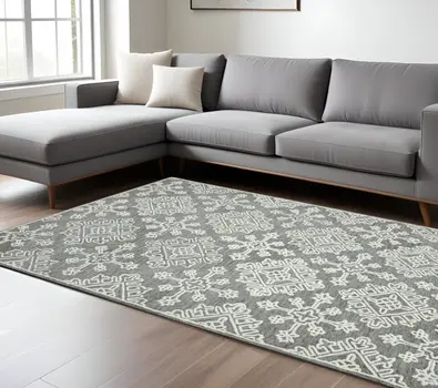 8' X 10' Gray And Ivory Wool Oriental Hand Hooked Area Rug