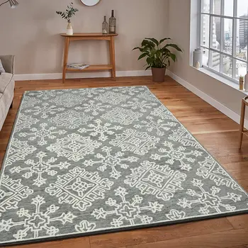 8' X 10' Gray And Ivory Wool Oriental Hand Hooked Area Rug