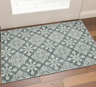 2' X 3' Dark Gray And Ivory Wool Oriental Hand Hooked Area Rug