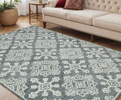 5' X 7' Dark Gray And Ivory Wool Oriental Hand Hooked Area Rug
