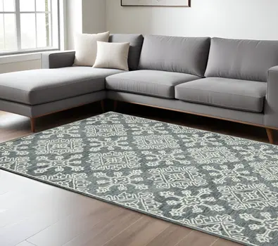 8' X 10' Dark Gray And Ivory Wool Oriental Hand Hooked Area Rug