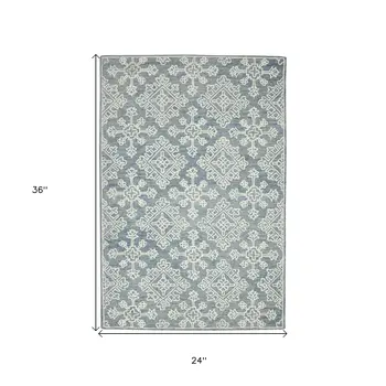2' X 3' Sky Blue And Ivory Wool Oriental Hand Hooked Area Rug
