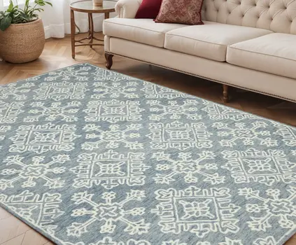 5' X 7' Sky Blue And Ivory Wool Oriental Hand Hooked Area Rug