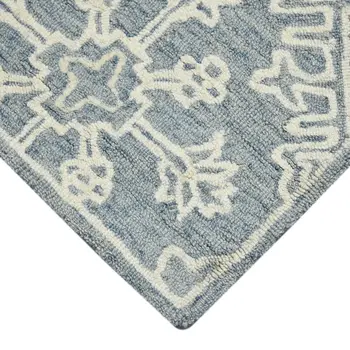 5' X 7' Sky Blue And Ivory Wool Oriental Hand Hooked Area Rug