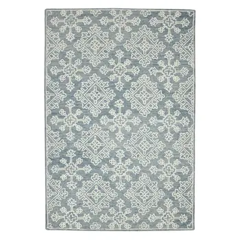 8' X 10' Sky Blue And Ivory Wool Oriental Hand Hooked Area Rug