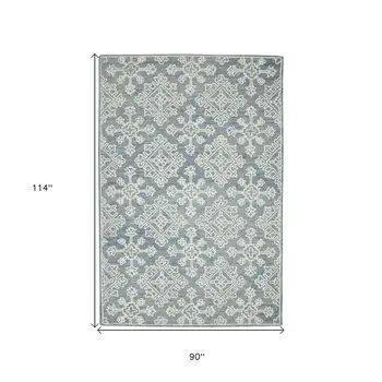 8' X 10' Sky Blue And Ivory Wool Oriental Hand Hooked Area Rug