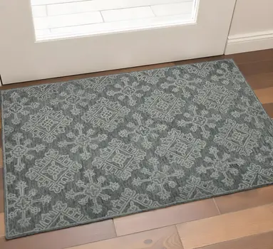 2' X 3' Graphite And Gray Wool Oriental Hand Hooked Area Rug