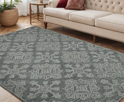 5' X 7' Graphite And Gray Wool Oriental Hand Hooked Area Rug