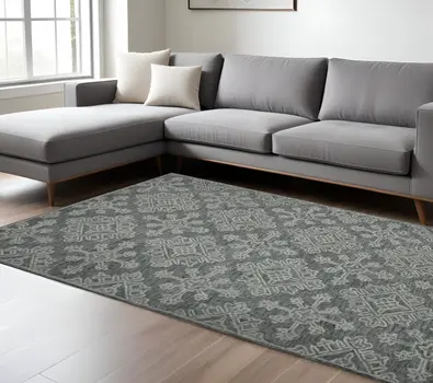 8' X 11' Graphite And Gray Wool Oriental Hand Hooked Area Rug