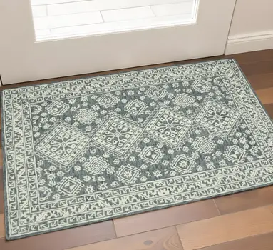 2' X 3' Slate Gray And Ivory Wool Oriental Hand Hooked Area Rug