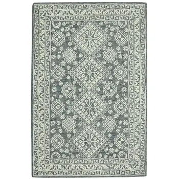 5' X 7' Slate Gray And Ivory Wool Oriental Hand Hooked Area Rug