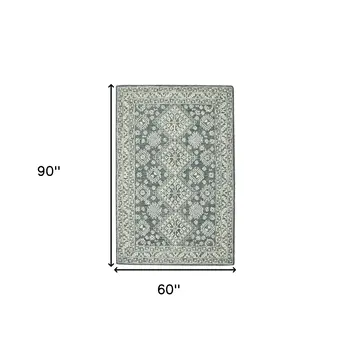 5' X 7' Slate Gray And Ivory Wool Oriental Hand Hooked Area Rug