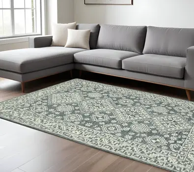 8' X 10' Slate Gray And Ivory Wool Oriental Hand Hooked Area Rug