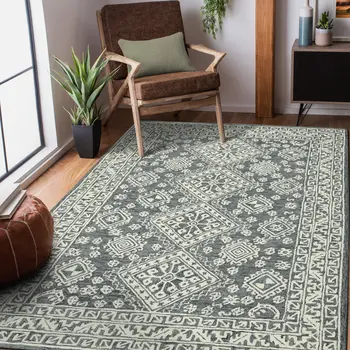 8' X 10' Slate Gray And Ivory Wool Oriental Hand Hooked Area Rug