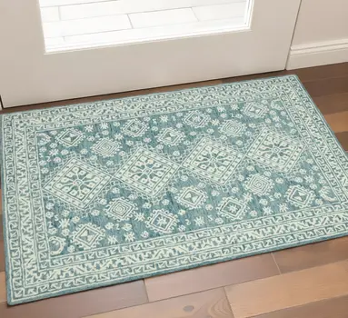 2' X 3' Aqua And Ivory Wool Oriental Hand Hooked Area Rug