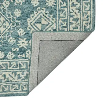 8' X 10' Aqua And Ivory Wool Oriental Hand Hooked Area Rug