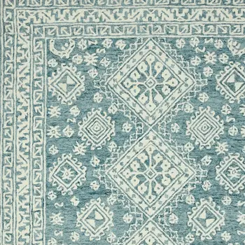 8' X 10' Aqua And Ivory Wool Oriental Hand Hooked Area Rug