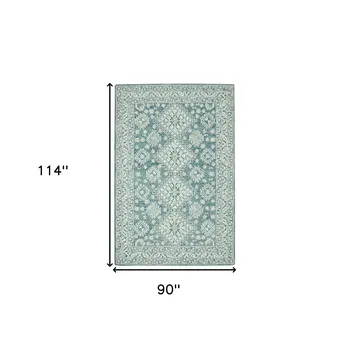 8' X 10' Aqua And Ivory Wool Oriental Hand Hooked Area Rug