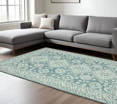8' X 11' Aqua And Ivory Wool Oriental Hand Hooked Area Rug
