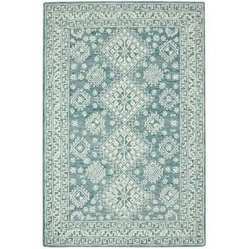 8' X 11' Aqua And Ivory Wool Oriental Hand Hooked Area Rug