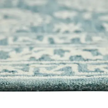 8' X 11' Aqua And Ivory Wool Oriental Hand Hooked Area Rug
