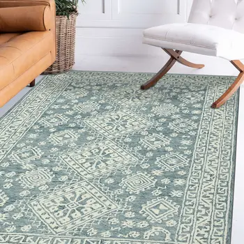 8' X 11' Aqua And Ivory Wool Oriental Hand Hooked Area Rug