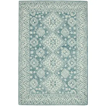 8' X 11' Aqua And Ivory Wool Oriental Hand Hooked Area Rug