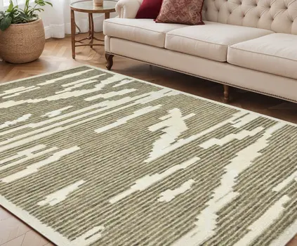 5' X 8' Beige And Brown Wool Abstract Hand Hooked Area Rug