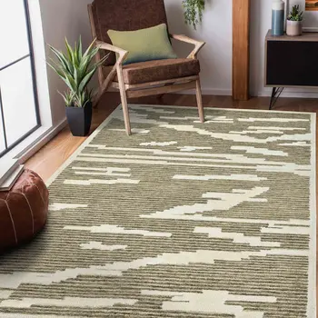 5' X 8' Beige And Brown Wool Abstract Hand Hooked Area Rug