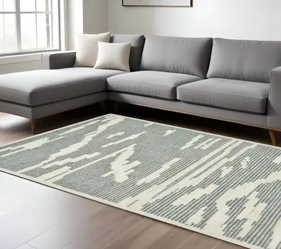 9' X 13' Gray And Ivory Wool Abstract Hand Hooked Area Rug