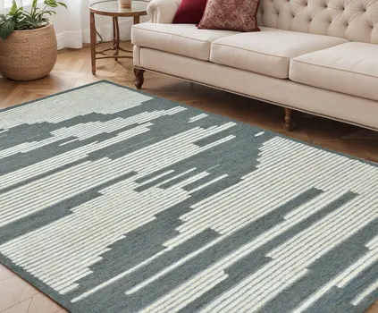 5' X 8' Blue And Ivory Wool Abstract Hand Hooked Area Rug