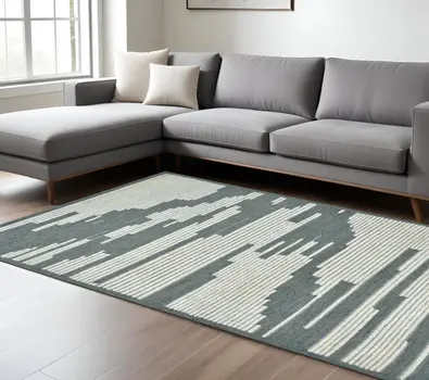 9' X 13' Blue And Ivory Wool Abstract Hand Hooked Area Rug