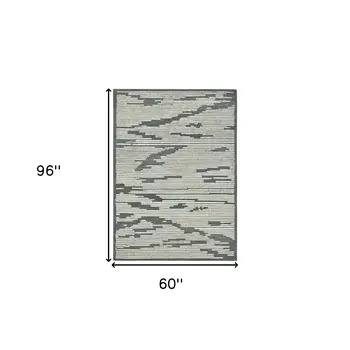 5' X 8' Dark Gray And Ivory Wool Abstract Hand Hooked Area Rug