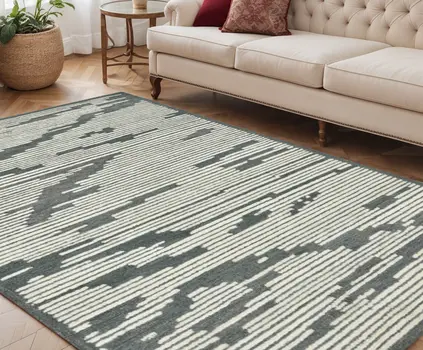 5' X 8' Dark Gray And Ivory Wool Abstract Hand Hooked Area Rug