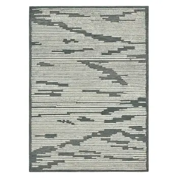 5' X 8' Dark Gray And Ivory Wool Abstract Hand Hooked Area Rug